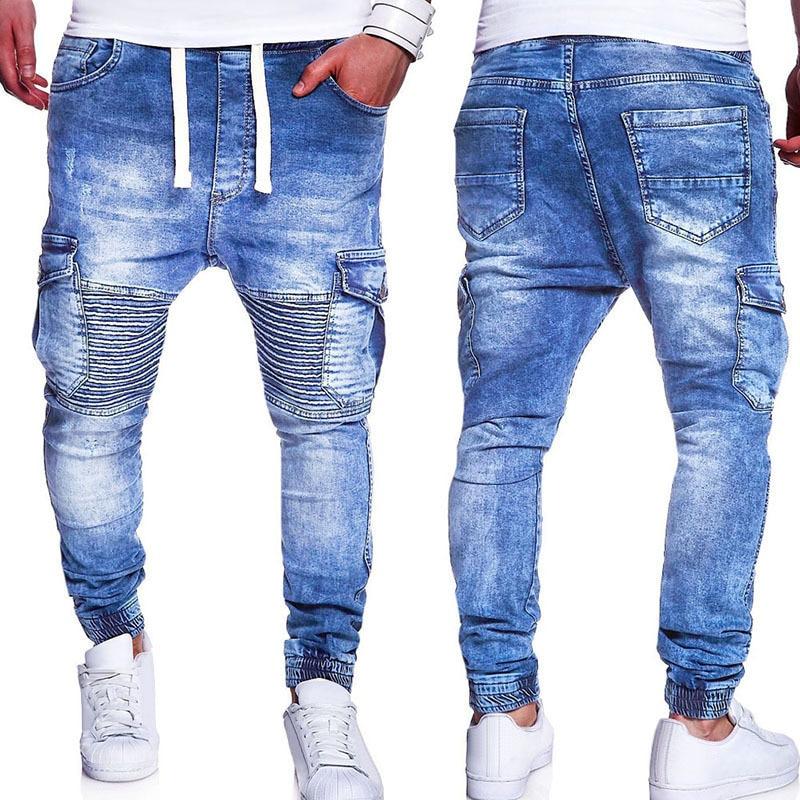 Simple Casual Multi Pocket Lace up Pleated Jeans