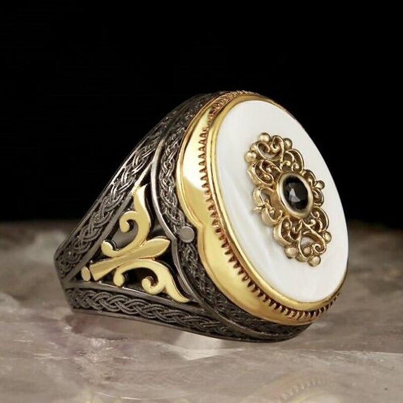 Men's Big Blue Stone Carved Pattern Ring