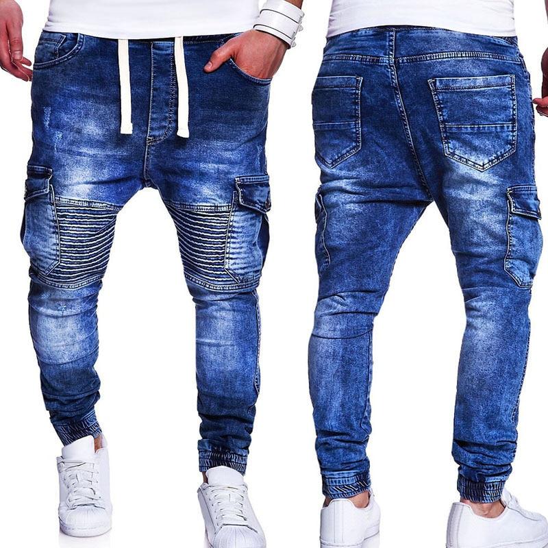 Simple Casual Multi Pocket Lace up Pleated Jeans