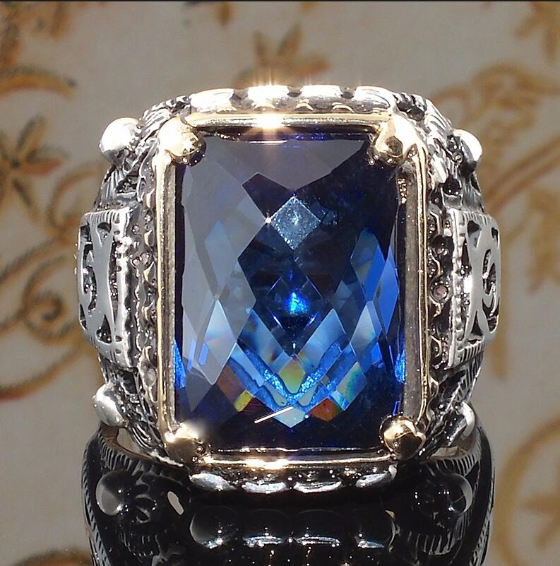 Men's Big Blue Stone Carved Pattern Ring