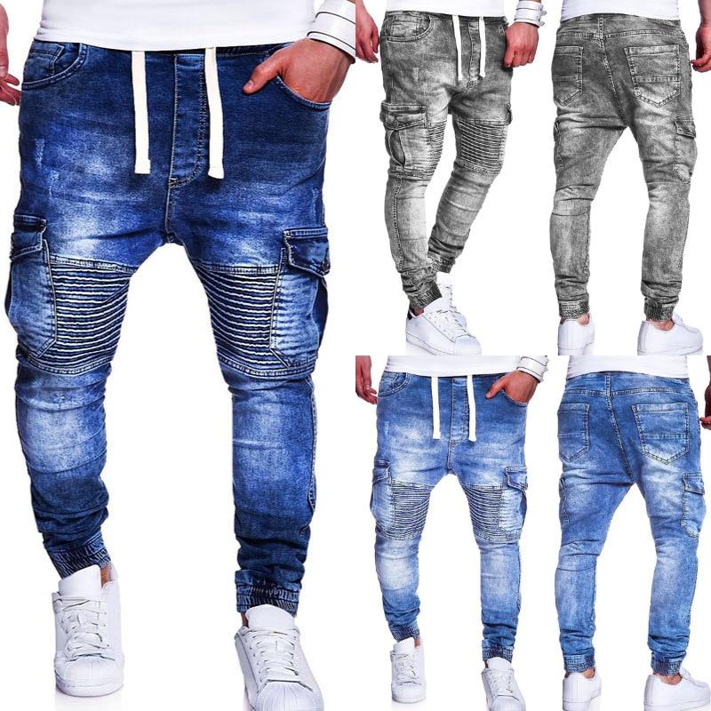 Simple Casual Multi Pocket Lace up Pleated Jeans