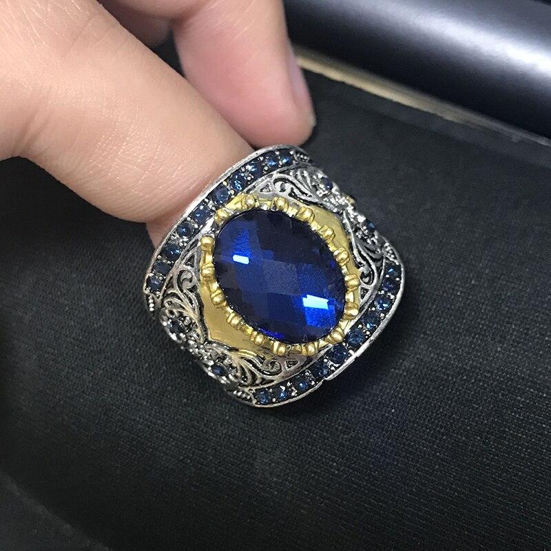Men's Big Blue Stone Carved Pattern Ring