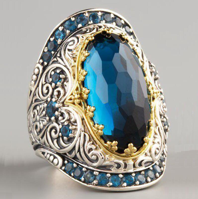 Men's Big Blue Stone Carved Pattern Ring