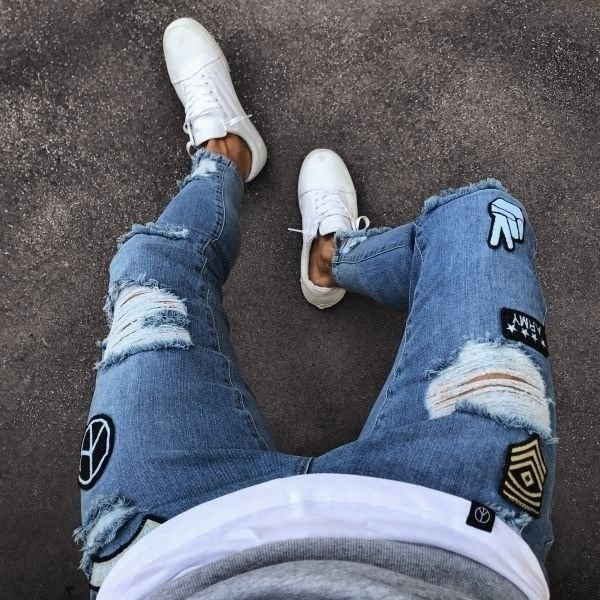 Ripped Skinny Print Embroidery Biker Jeans