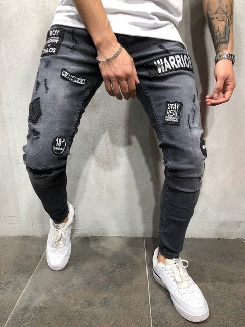 Ripped Skinny Print Embroidery Biker Jeans