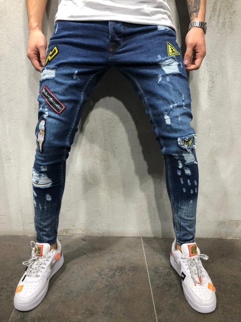 Ripped Skinny Print Embroidery Biker Jeans