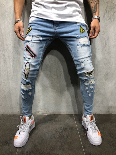 Ripped Skinny Print Embroidery Biker Jeans