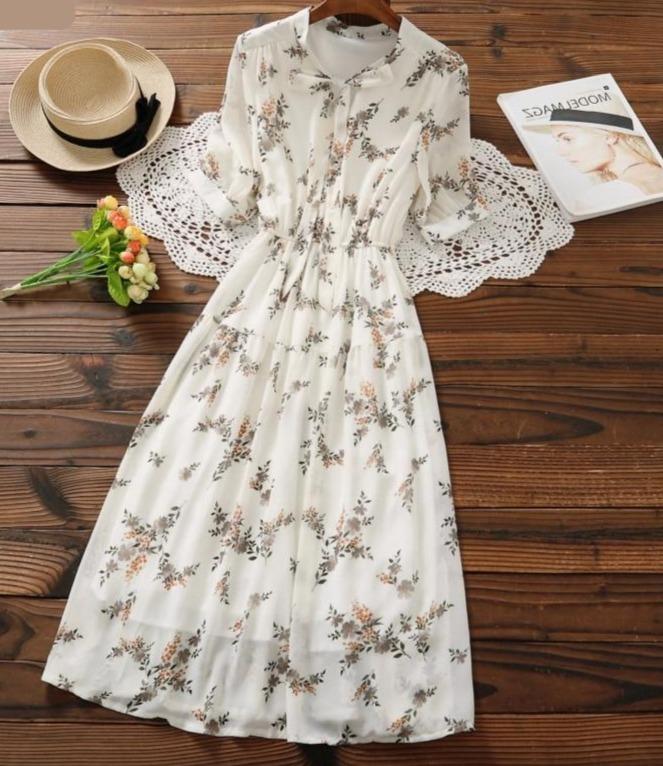 Floral Print Long Short Sleeve Pleated Chiffon Dress