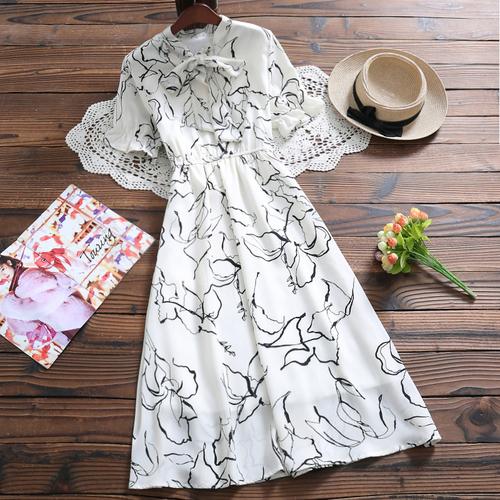 Floral Print Long Short Sleeve Pleated Chiffon Dress