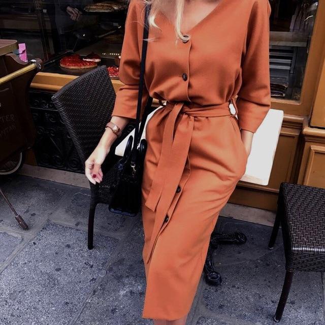 V Neck Long Sleeve Sashes Button Casual Dress