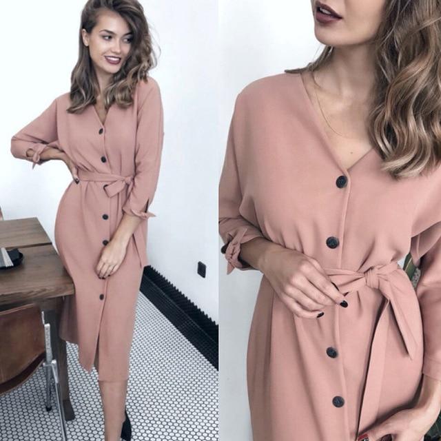 V Neck Long Sleeve Sashes Button Casual Dress