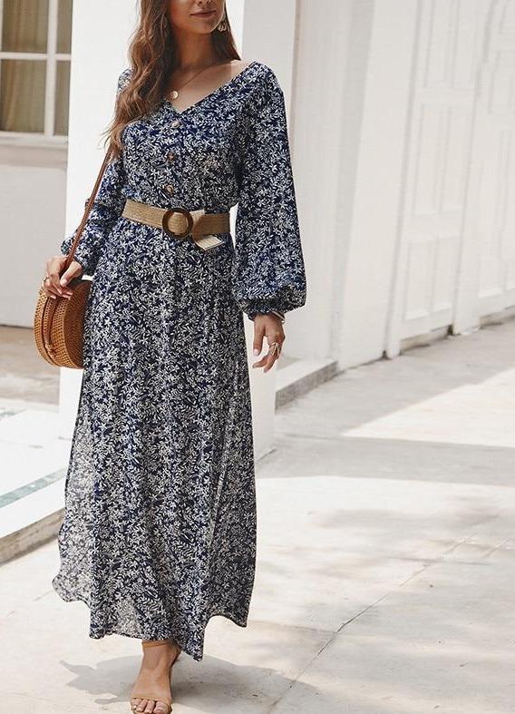 Floral A-Line High Waist Lantern Sleeve Maxi Dress