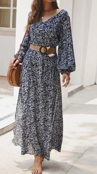 Floral A-Line High Waist Lantern Sleeve Maxi Dress