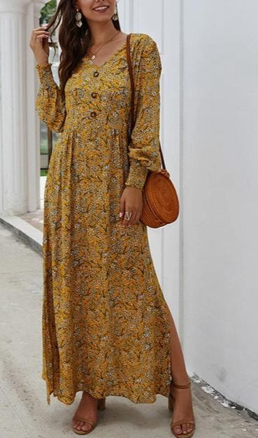 Floral A-Line High Waist Lantern Sleeve Maxi Dress