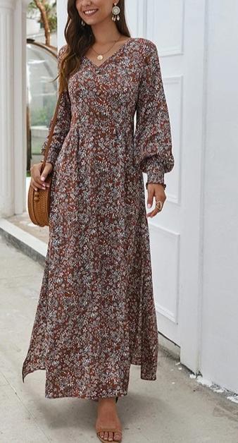 Floral A-Line High Waist Lantern Sleeve Maxi Dress