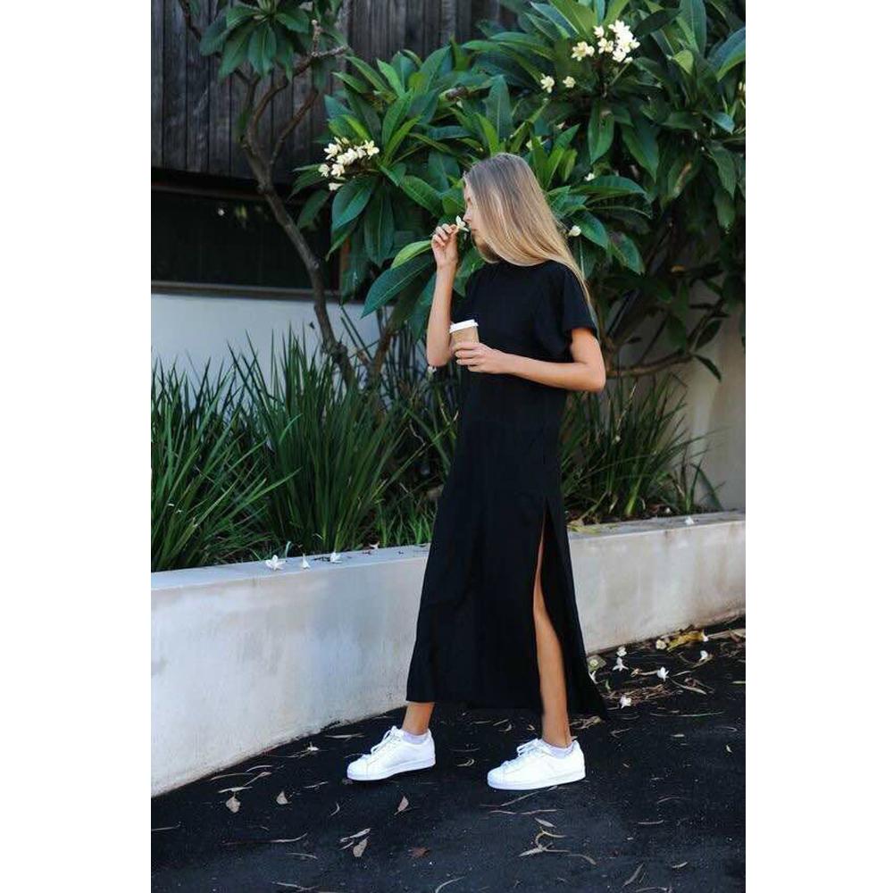 Bandage Knitted Bodycon Casual Black Maxi T Shirt Dress