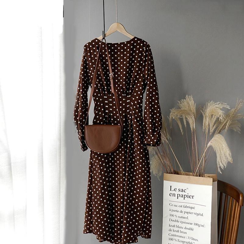 Dot Full Sleeve Elastic Waist O-Neck Chiffon Dress
