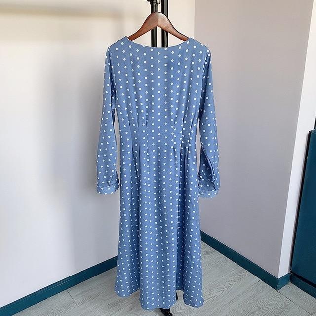 Dot Full Sleeve Elastic Waist O-Neck Chiffon Dress