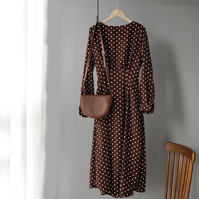 Dot Full Sleeve Elastic Waist O-Neck Chiffon Dress