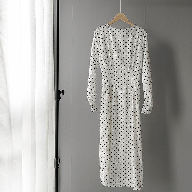 Dot Full Sleeve Elastic Waist O-Neck Chiffon Dress