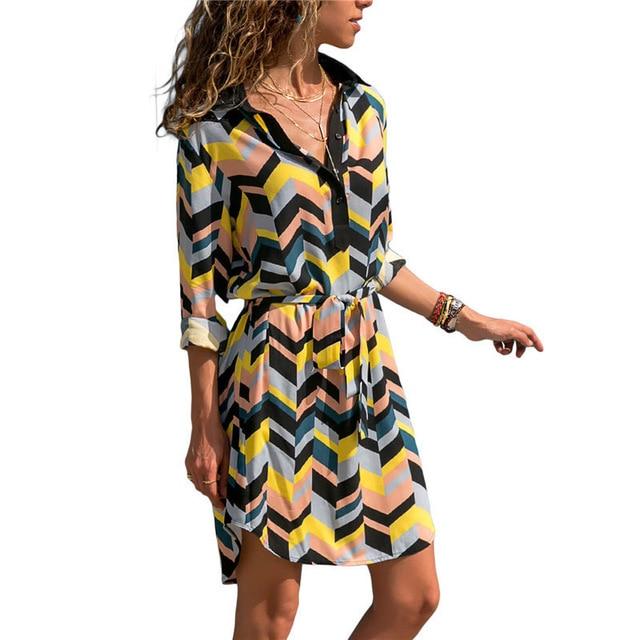 Summer Boho Beach Long Sleeve Shirt Dress