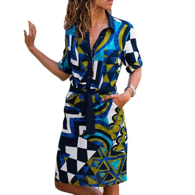 Summer Boho Beach Long Sleeve Shirt Dress