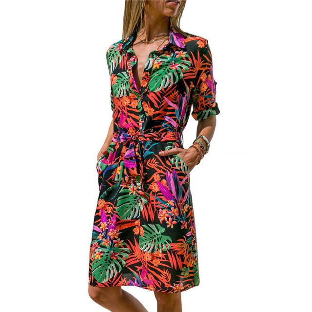 Summer Boho Beach Long Sleeve Shirt Dress