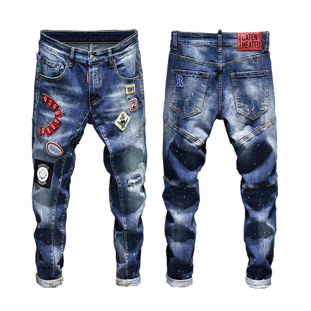 Hole-lined Printed Letter Embroidery ink Jeans - Stylesma
