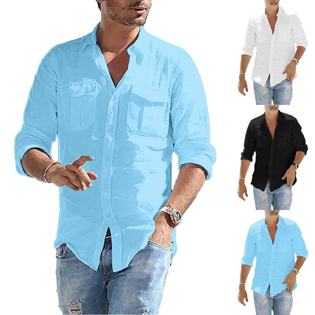 Plus Size Men's Baggy Cotton Linen Pocket Solid Long Sleeve Shirt