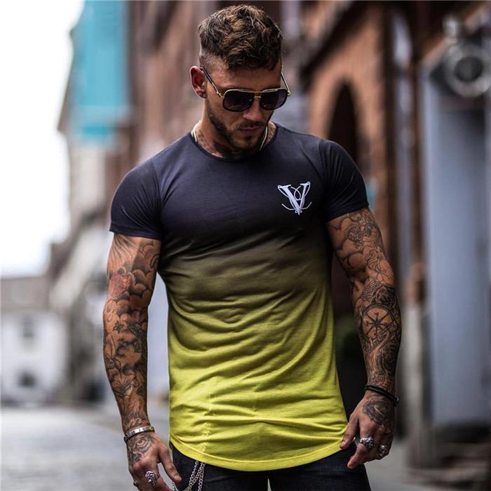 YEMEKE Fashion Gradient color T Shirt Men Fast compression Breathable Mens Short Sleeve Fitness t-shirt Gyms Tight Casual Top - Stylesma