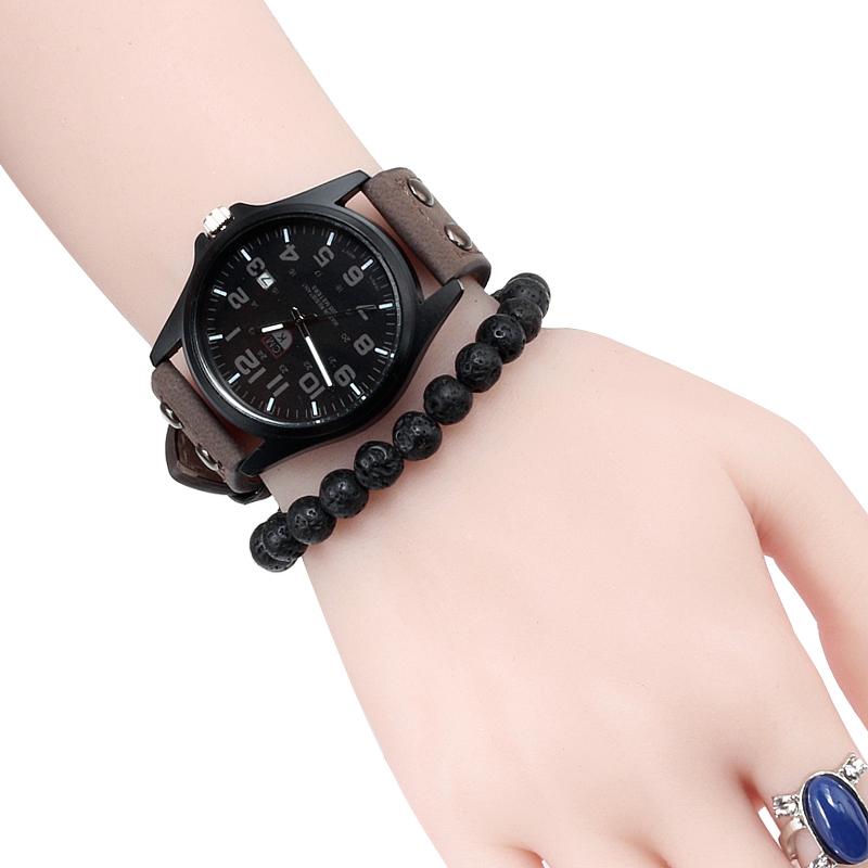 Military Stainless Steel Leather Strap Watch