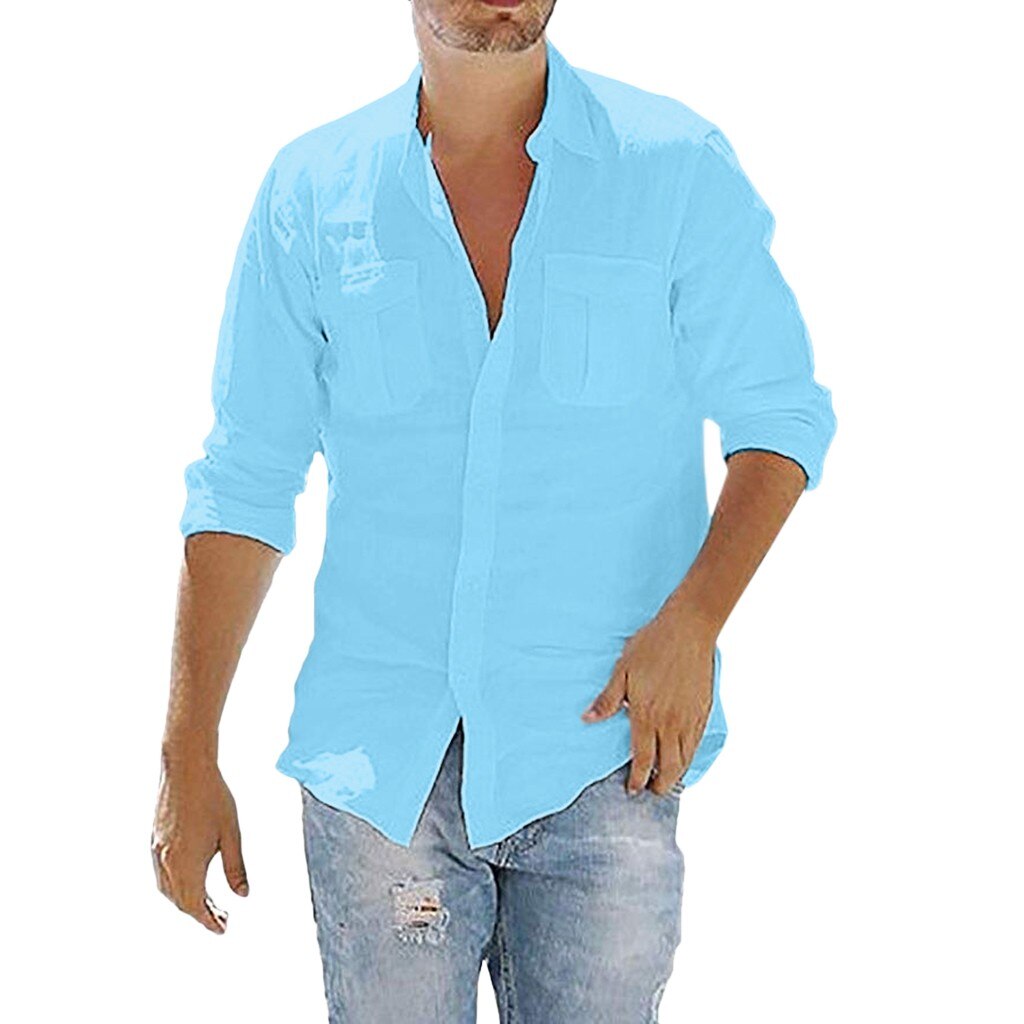 Plus Size Men's Baggy Cotton Linen Pocket Solid Long Sleeve Shirt