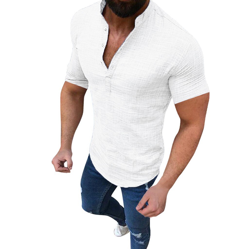 Plus Size Men's Causal Solid Cotton Linen Short Sleeve Top