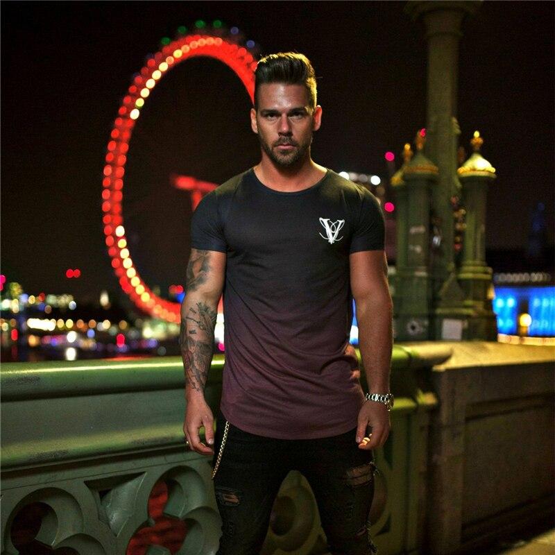 YEMEKE Fashion Gradient color T Shirt Men Fast compression Breathable Mens Short Sleeve Fitness t-shirt Gyms Tight Casual Top