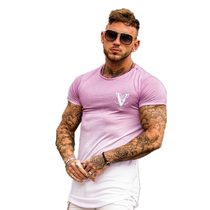 YEMEKE Fashion Gradient color T Shirt Men Fast compression Breathable Mens Short Sleeve Fitness t-shirt Gyms Tight Casual Top