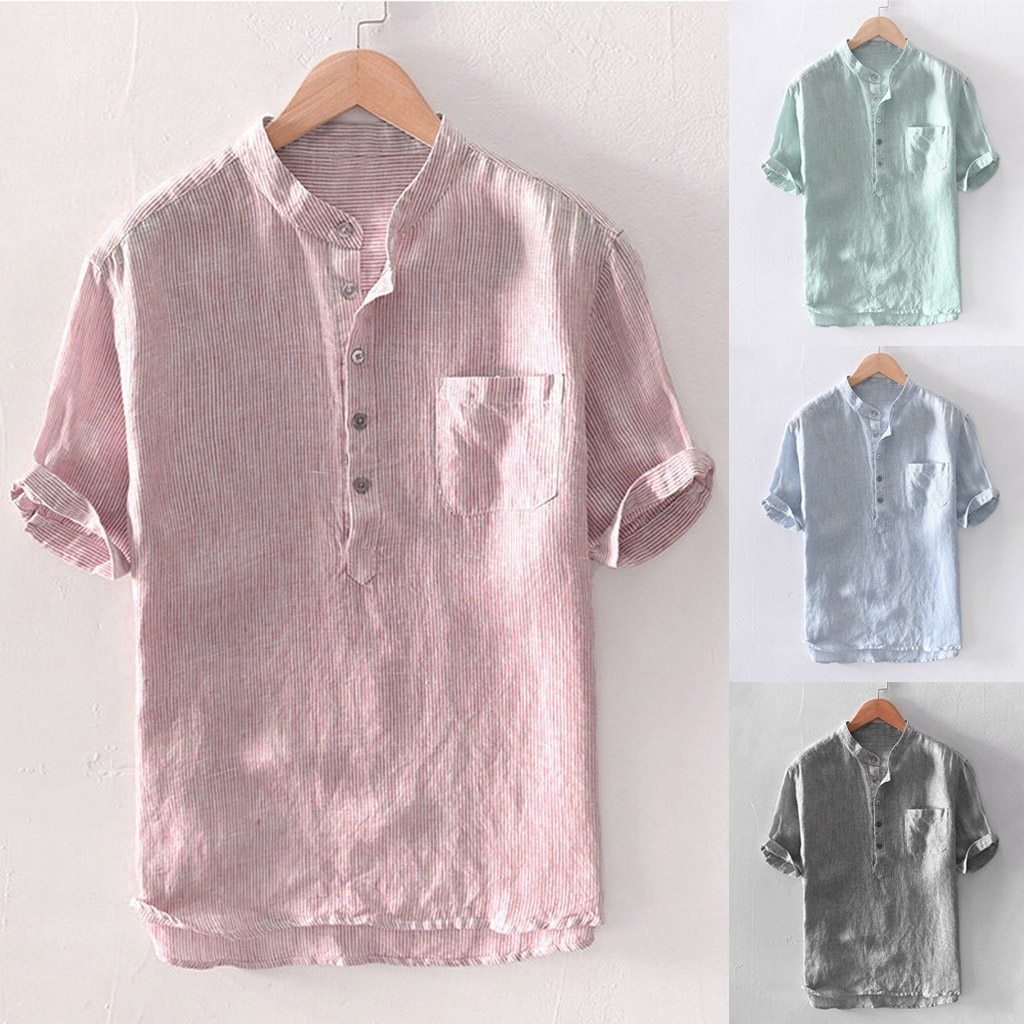 Stripe Cotton Linen Short Sleeve Button Pocket Shirt