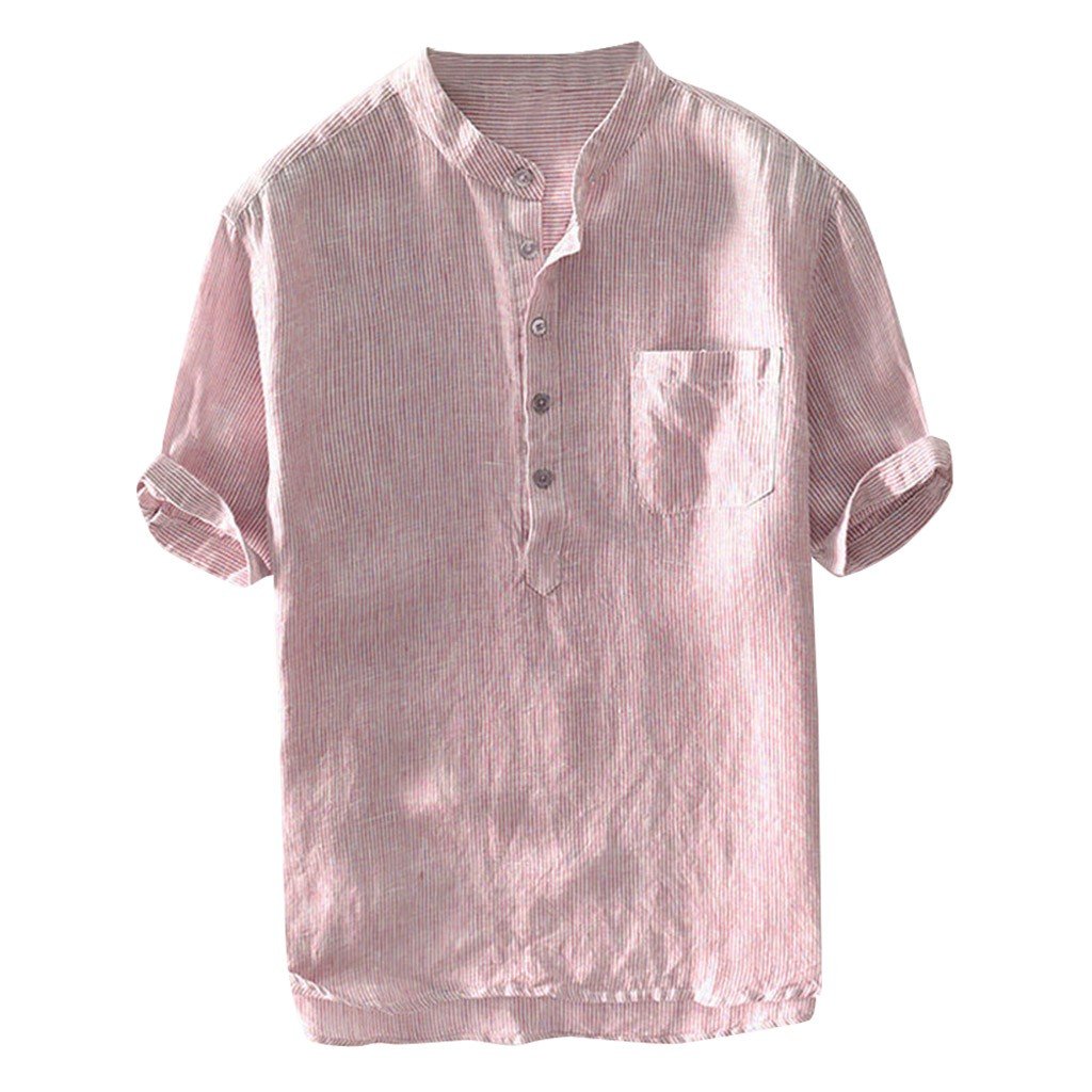 Stripe Cotton Linen Short Sleeve Button Pocket Shirt