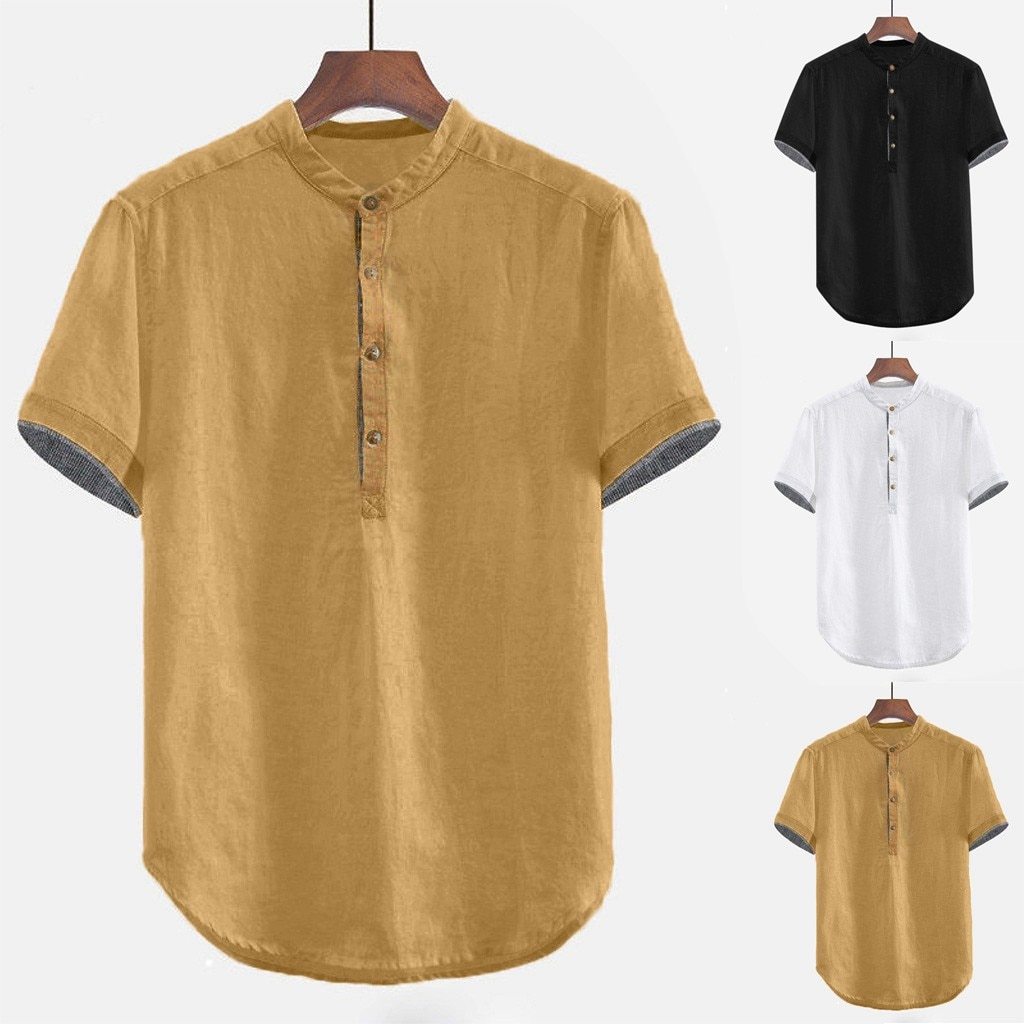 Baggy Solid Cotton Linen Short Sleeve Button Shirt