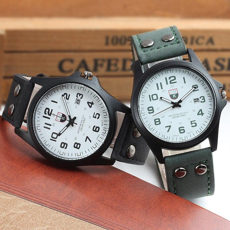 Military Stainless Steel Leather Strap Watch