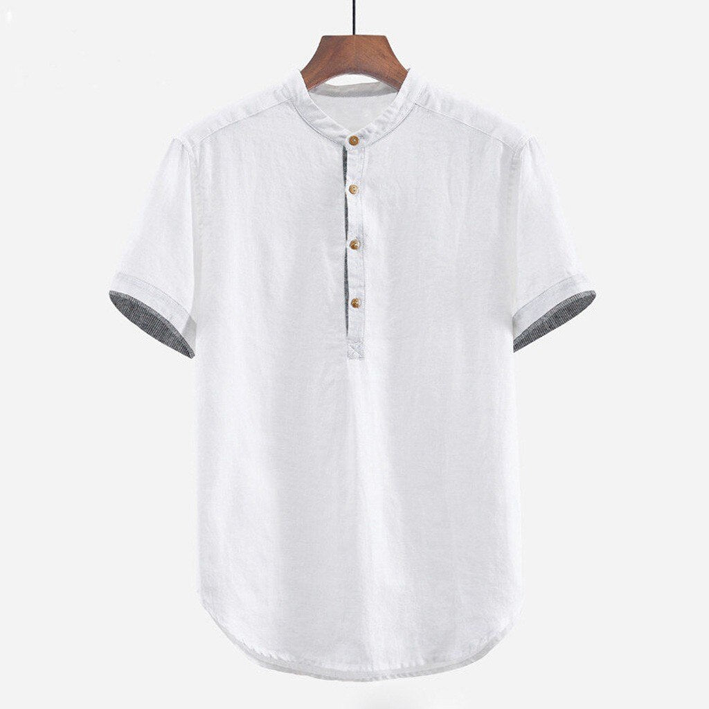 Baggy Solid Cotton Linen Short Sleeve Button Shirt