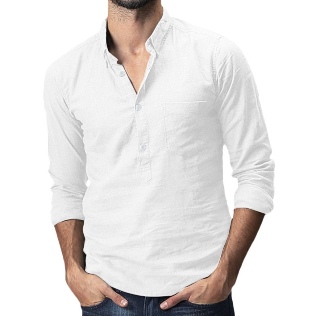 Summer Men's Baggy Cotton Linen Solid Multi-Pocket Short Sleeve Collar Shirt