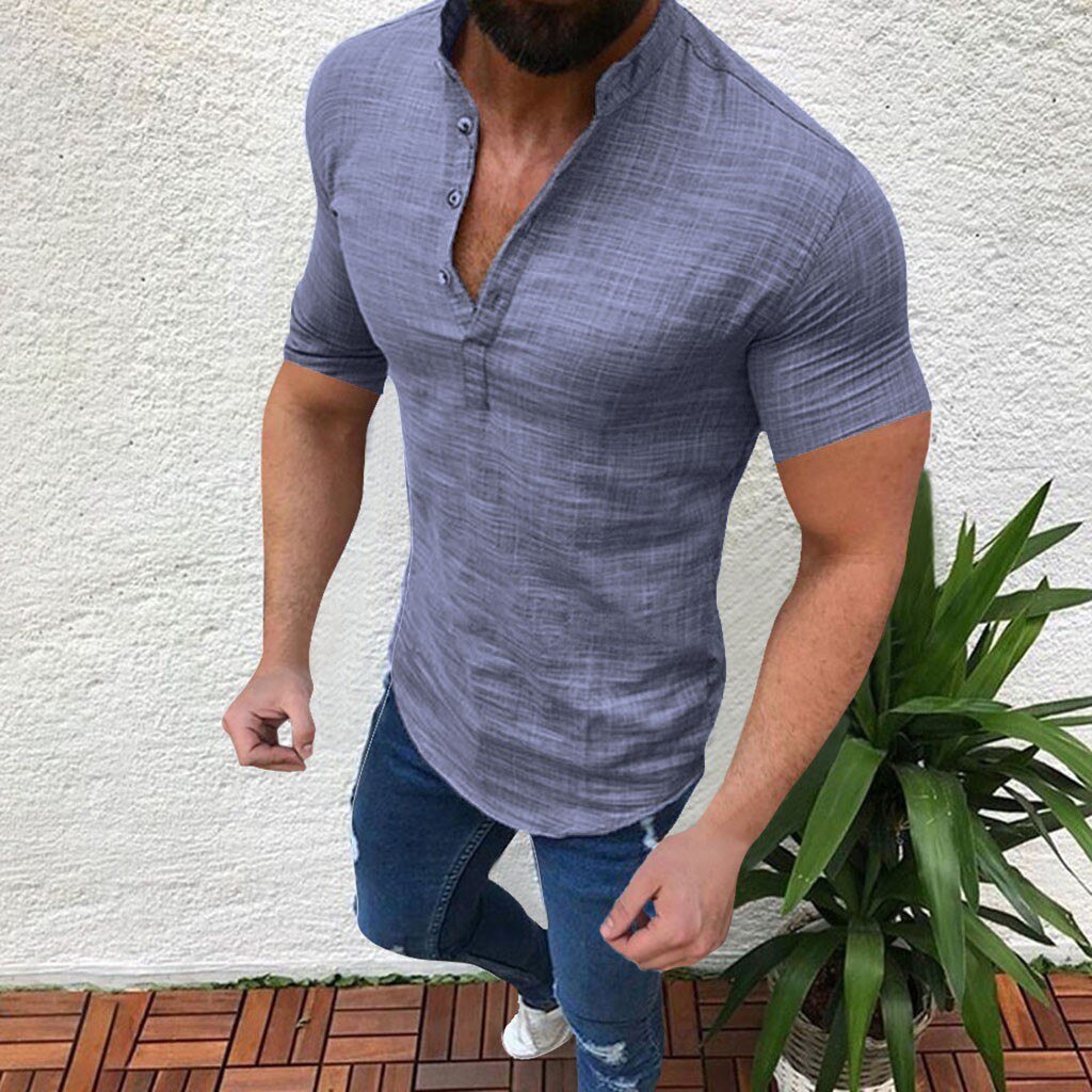 Plus Size Men's Causal Solid Cotton Linen Short Sleeve Top