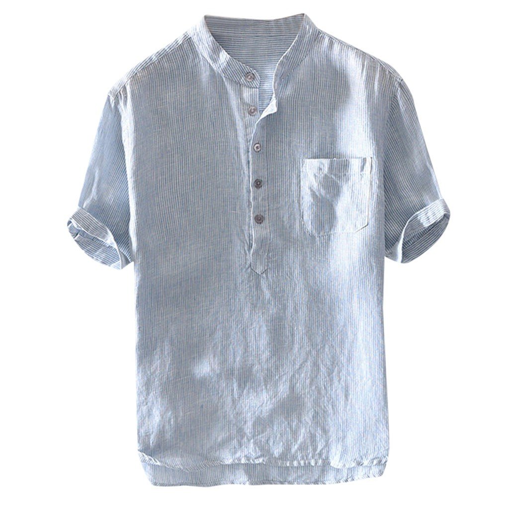 Stripe Cotton Linen Short Sleeve Button Pocket Shirt