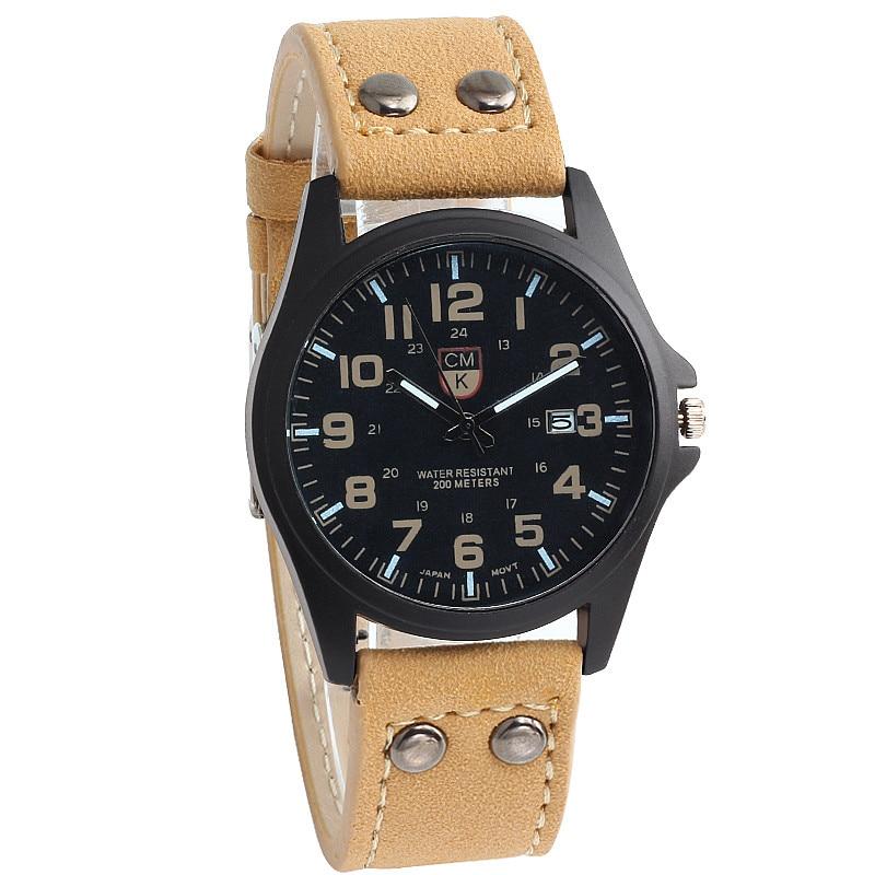 Military Stainless Steel Leather Strap Watch