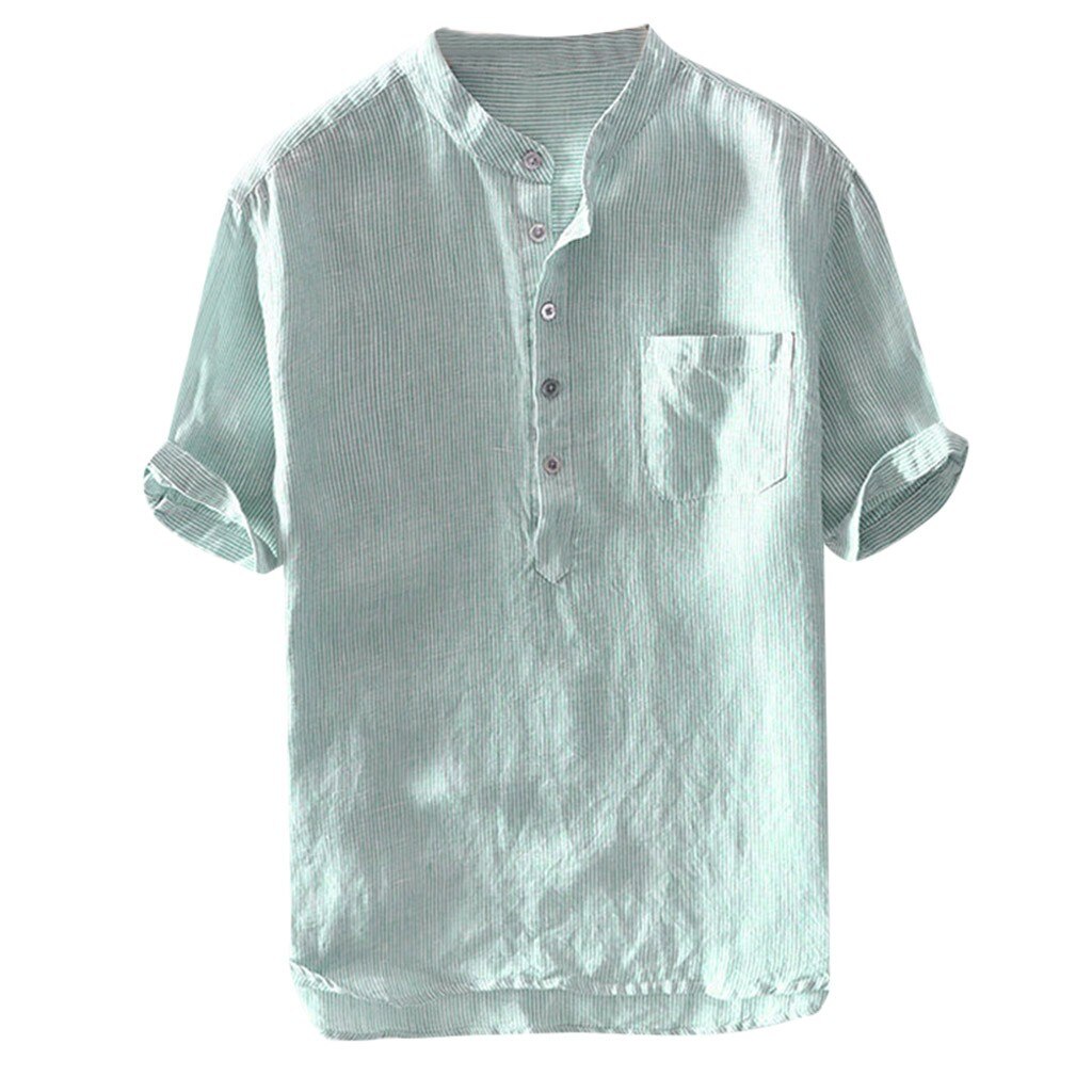 Stripe Cotton Linen Short Sleeve Button Pocket Shirt