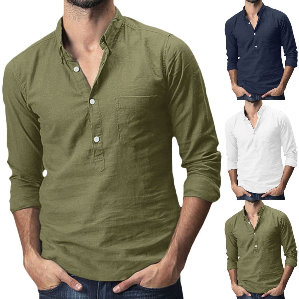 Summer Men's Baggy Cotton Linen Solid Multi-Pocket Short Sleeve Collar Shirt