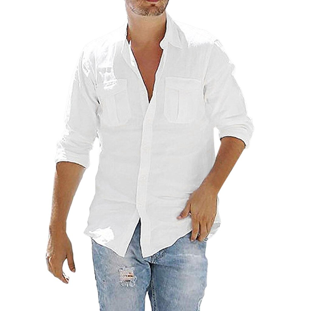 Plus Size Men's Baggy Cotton Linen Pocket Solid Long Sleeve Shirt