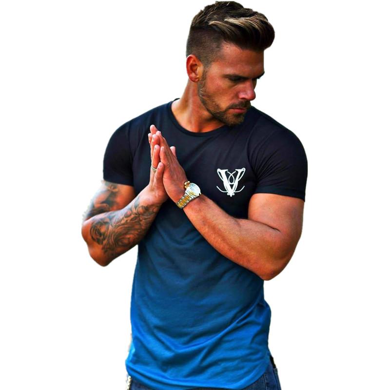 YEMEKE Fashion Gradient color T Shirt Men Fast compression Breathable Mens Short Sleeve Fitness t-shirt Gyms Tight Casual Top - Stylesma