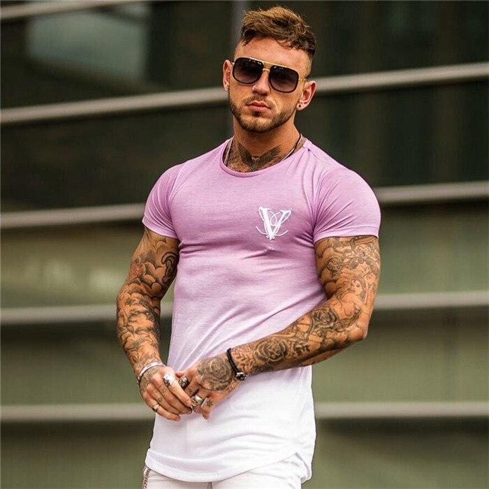 YEMEKE Fashion Gradient color T Shirt Men Fast compression Breathable Mens Short Sleeve Fitness t-shirt Gyms Tight Casual Top