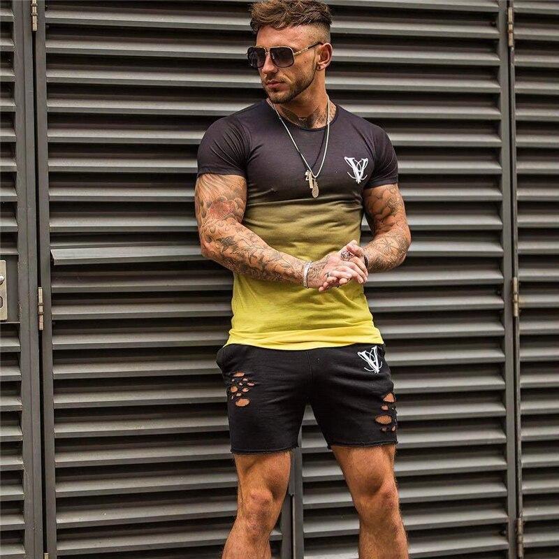 YEMEKE Fashion Gradient color T Shirt Men Fast compression Breathable Mens Short Sleeve Fitness t-shirt Gyms Tight Casual Top